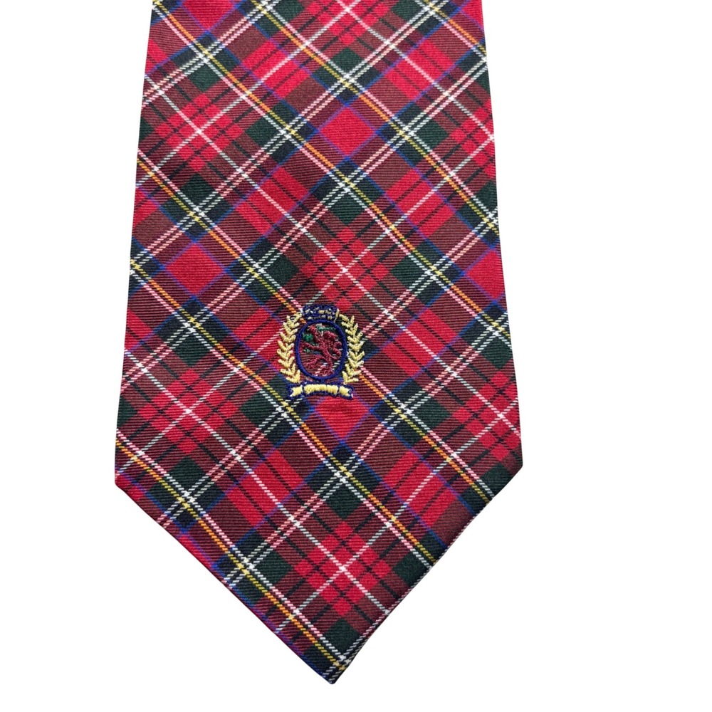 NWT VTG Tommy Hilfiger Mens Red Tartan Plaid Crest Silk Necktie Holiday Preppy